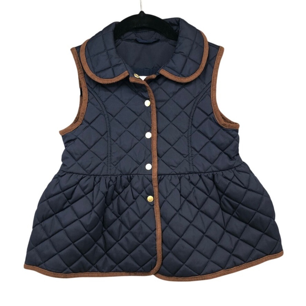 Janie and Jack Quilted Vest Girls 7-8 Kids Navy Blue Brown Trim Peplum Snap